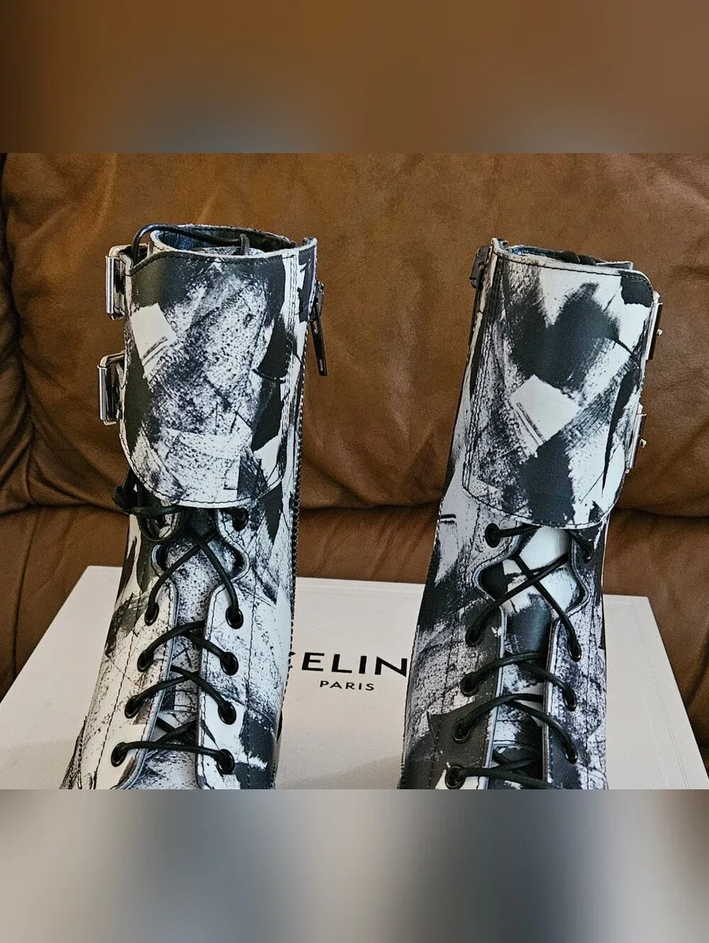 New Men's Celine Leather Abstract Lace-Up Buckle Zipper Combat Boots Size 8 US